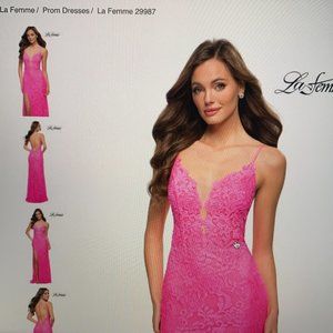 Le Femme Beautiful Beaded Neon Pink Gown in size 4  (Style # 29987)